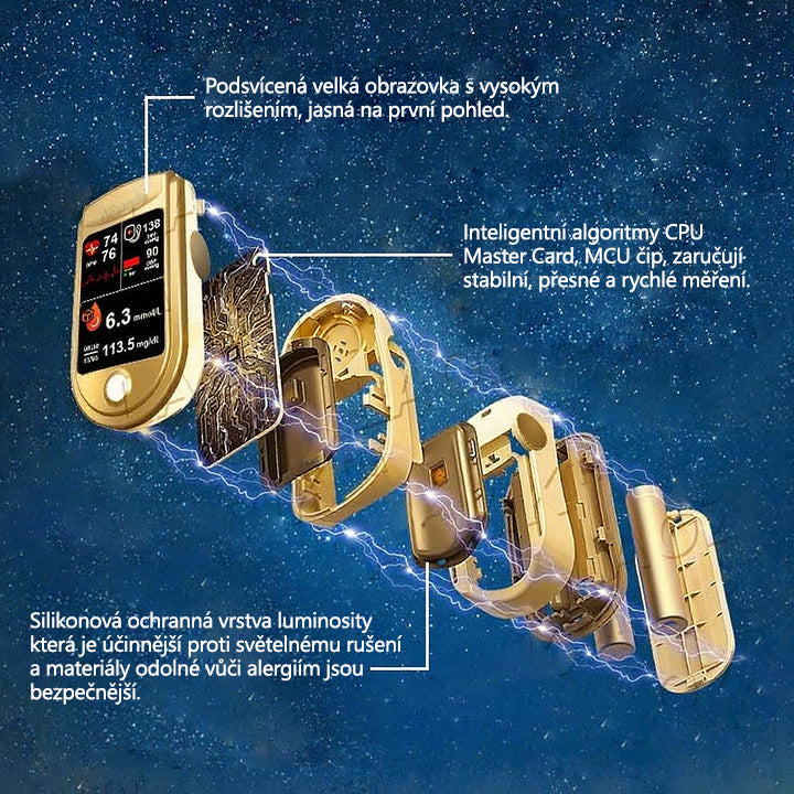 3 v 1 monitor zdraví Bezbolestné testování – extrémně rychlé měření – přesné sledování ✅ Hladina cukru v krvi ✅ Srdeční frekvence ✅ Kyslík v krvi Vše v jednom!